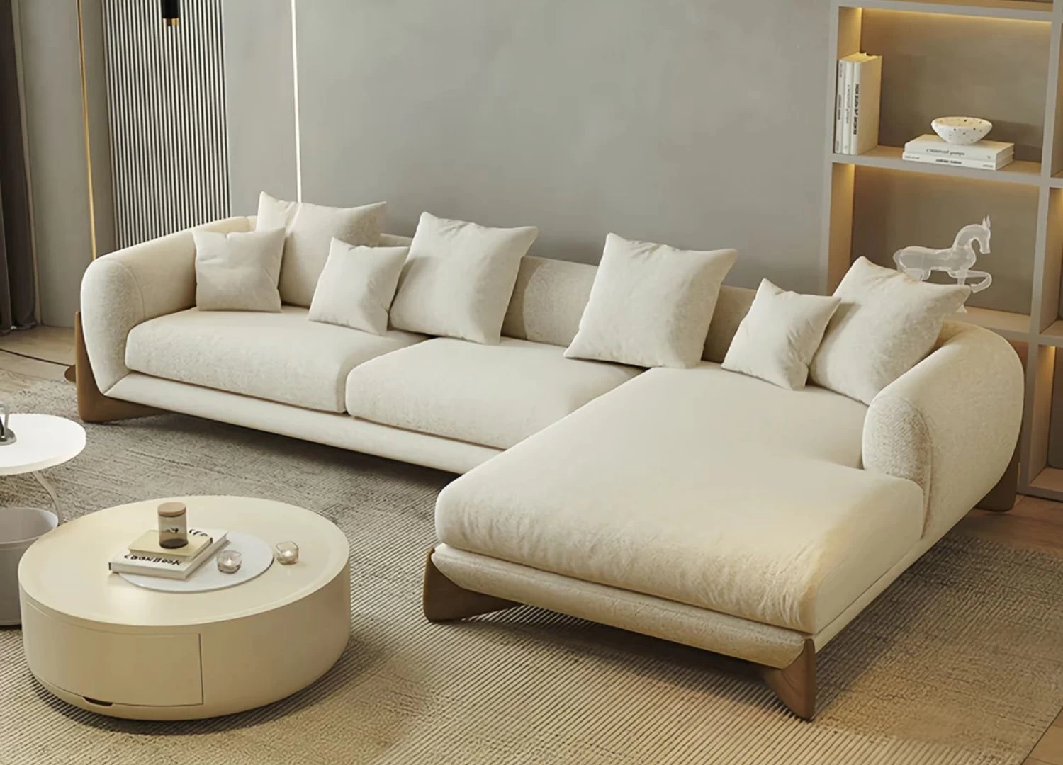 Καναπες γωνια SAVONA με ξυλινα ποδια και ιταλικο design, Γωνιακος καναπες αρκετα μεγαλος που γινεται καναπες κρεβατι, μοντερνος καναπες σε πολλα χρωματα με λευκο μπουκλε χρωμα και αμερικανικη καρυδια στα ποδια