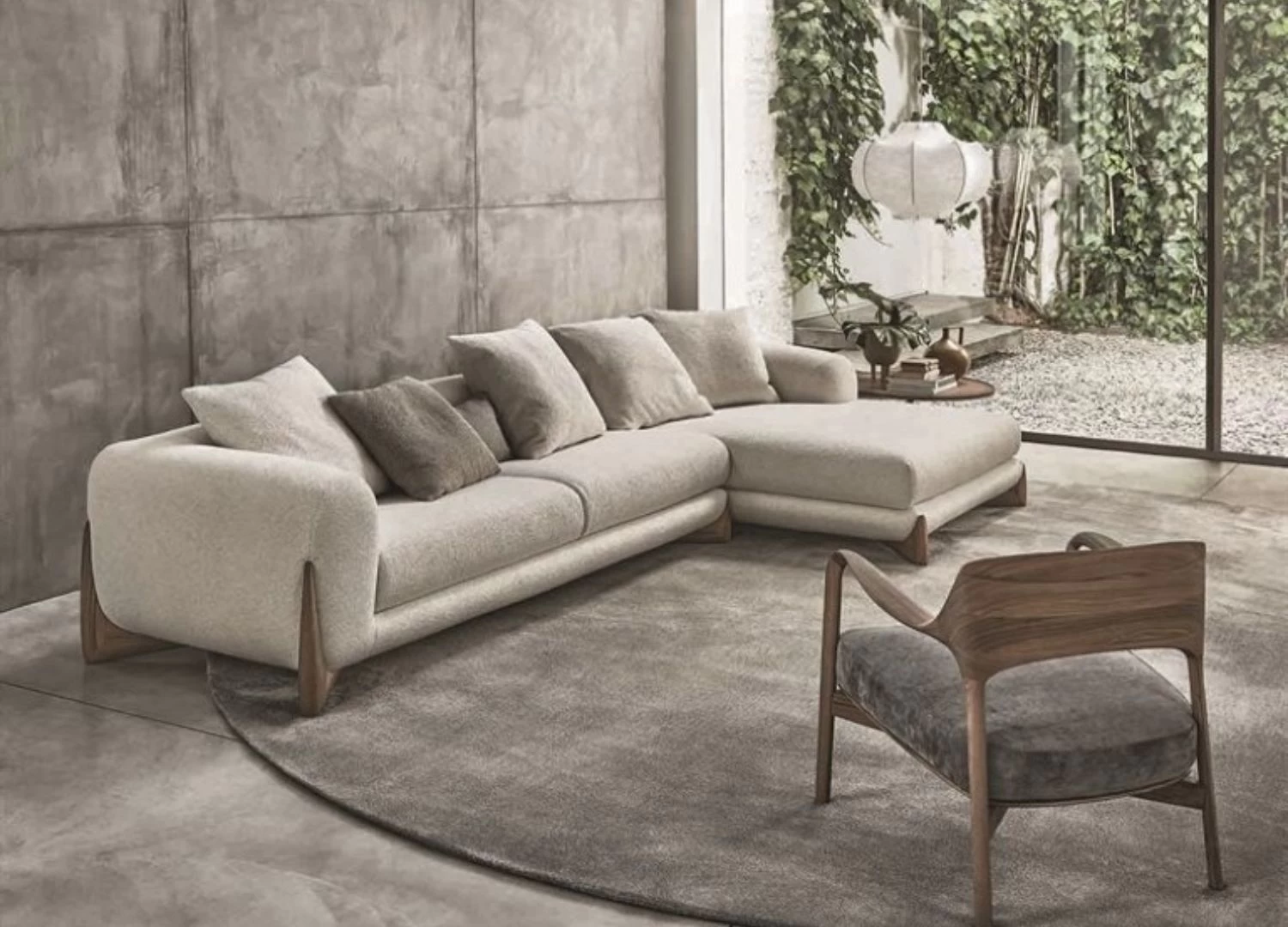 Καναπες γωνια SAVONA με ξυλινα ποδια και ιταλικο design, Γωνιακος καναπες αρκετα μεγαλος που γινεται καναπες κρεβατι, μοντερνος καναπες σε πολλα χρωματα με λευκο μπουκλε χρωμα και αμερικανικη καρυδια στα ποδια