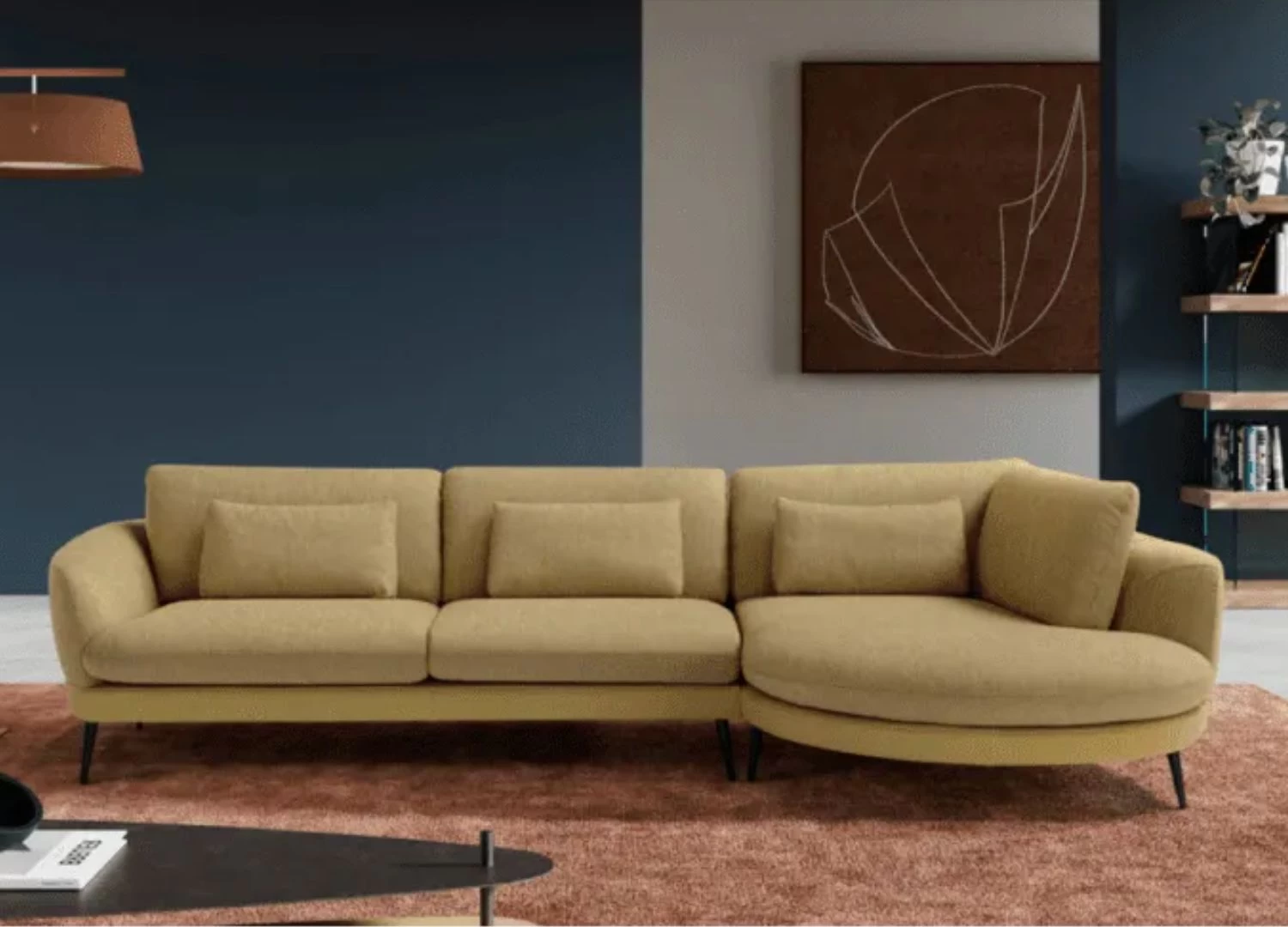 Ανακαλύψτε τον γωνιακό καναπέ Isabella με μοντέρνο design, ψηλά μεταλλικά πόδια και μηχανισμό ρύθμισης πλάτης για απόλυτη άνεση. 100% ιταλική κατασκευή, προσαρμόζεται στις ανάγκες σας!  Σε χρωμα μουσταρδι με μουσταρδι καφε μπαζα