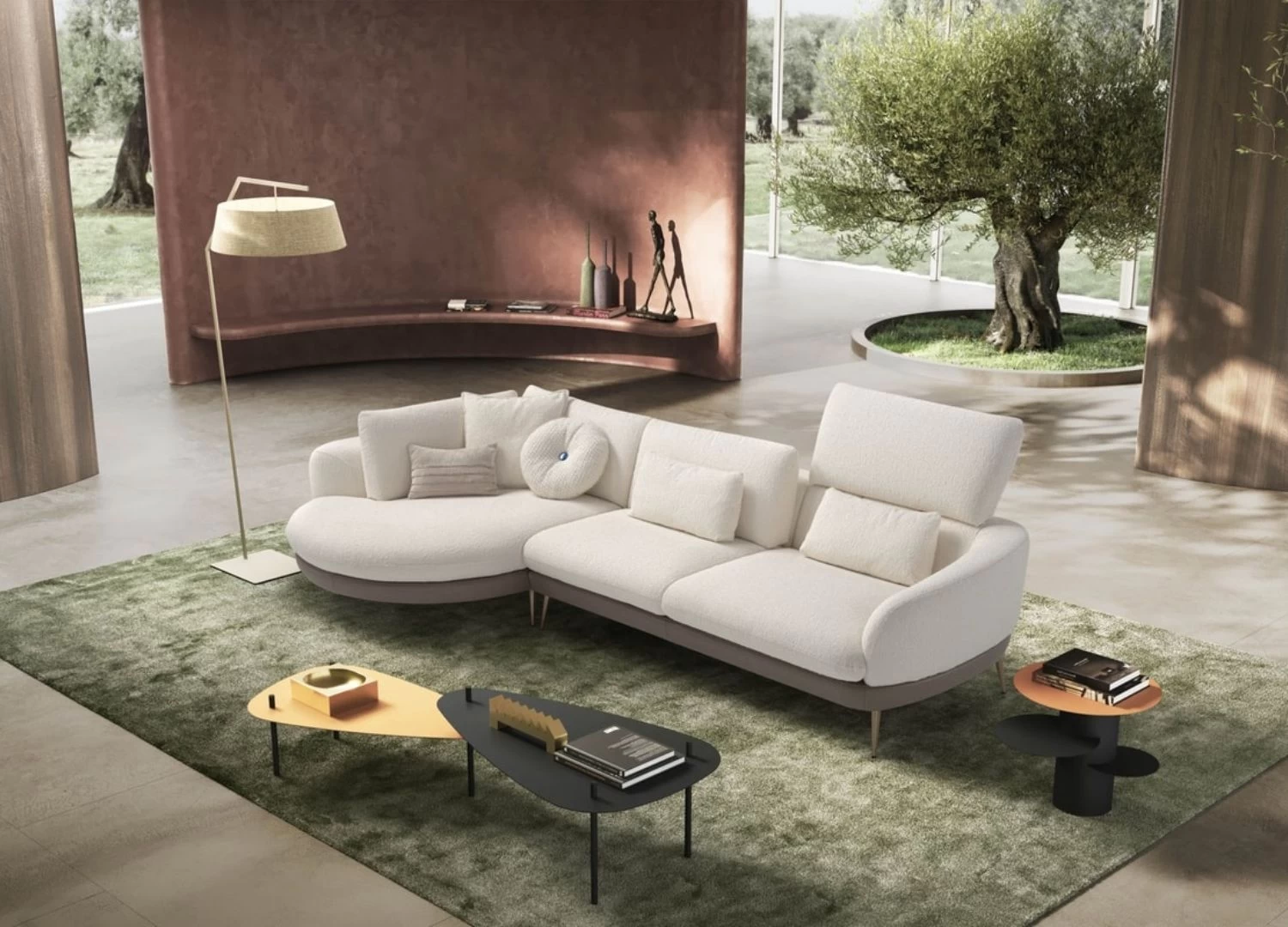 Ανακαλύψτε τον γωνιακό καναπέ Isabella με μοντέρνο design, ψηλά μεταλλικά πόδια και μηχανισμό ρύθμισης πλάτης για απόλυτη άνεση. 100% ιταλική κατασκευή, προσαρμόζεται στις ανάγκες σας!  Σε χρωμα λευκο με ξυλινη καφε μπαζα