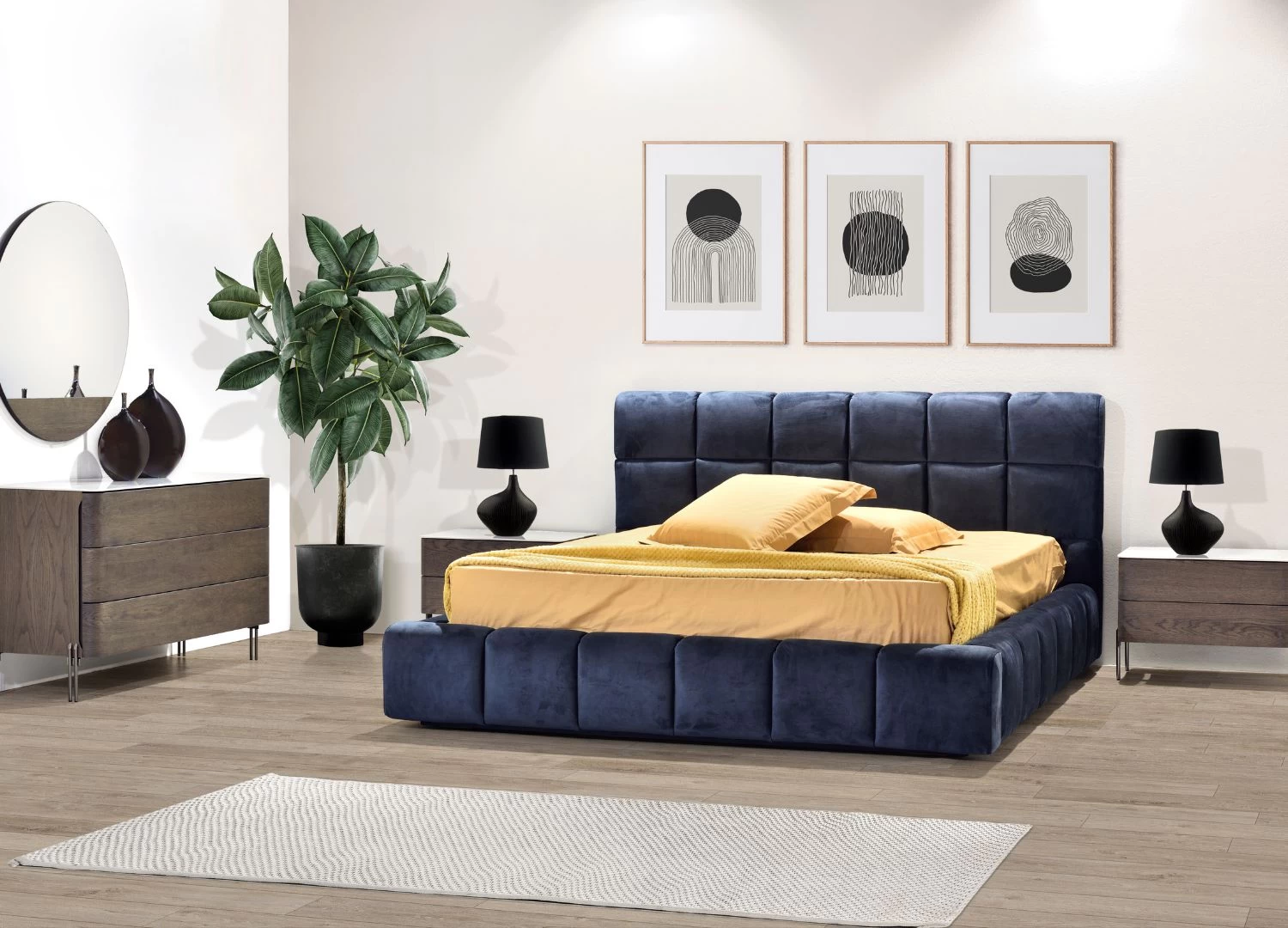 Η κρεβατοκάμαρα DREAM συνδυάζει ξύλο, βελούδινο αδιάβροχο ύφασμα και κεραμική επιφάνεια, δημιουργώντας ένα κομψό και πολυτελές σύνολο. Σε χρώμα μπλε καφε, λευκο,μαυρο, μπεζ