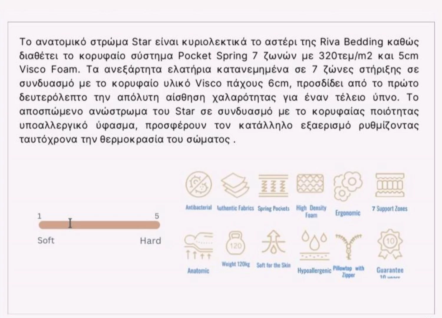 στρώμα Star, ανατομικό στρώμα, Riva Bedding, στρώμα με Visco Foam, Pocket Springs 7 ζωνών, ανεξάρτητα ελατήρια 320/m², στρώμα με αποσπώμενο ανώστρωμα, υποαλλεργικό ύφασμα, στρώμα με εξαερισμό, ιδανικό στρώμα για χαλάρωση, κορυφαίο ανατομικό στρώμα