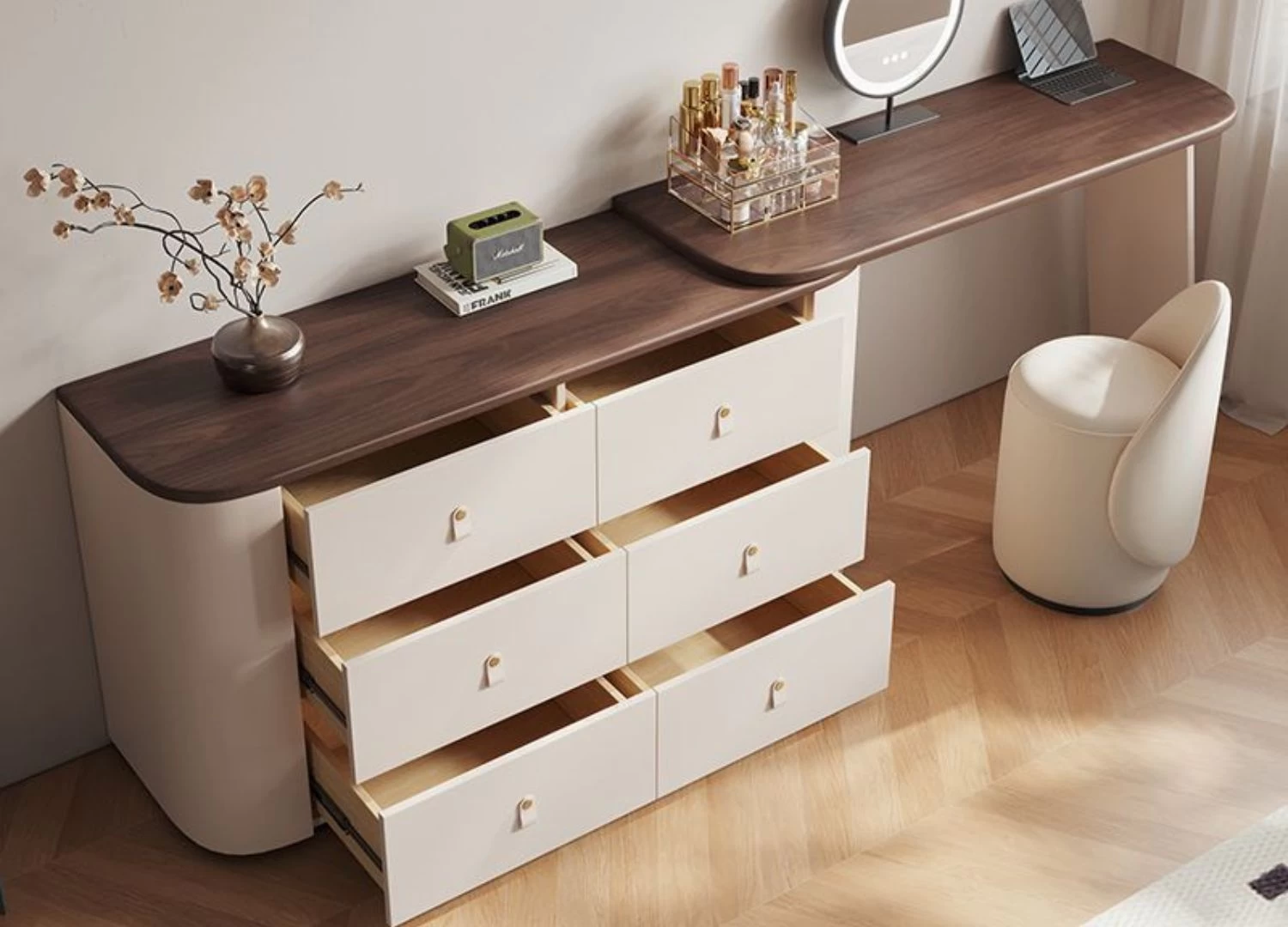 Κονσόλα FLORA Nordic Style με LED καθρέφτη, μοντέρνο design και πρακτικούς αποθηκευτικούς χώρους. Ιδανική για υπνοδωμάτιο, εύκολη στην τοποθέτηση, με κομψότητα 