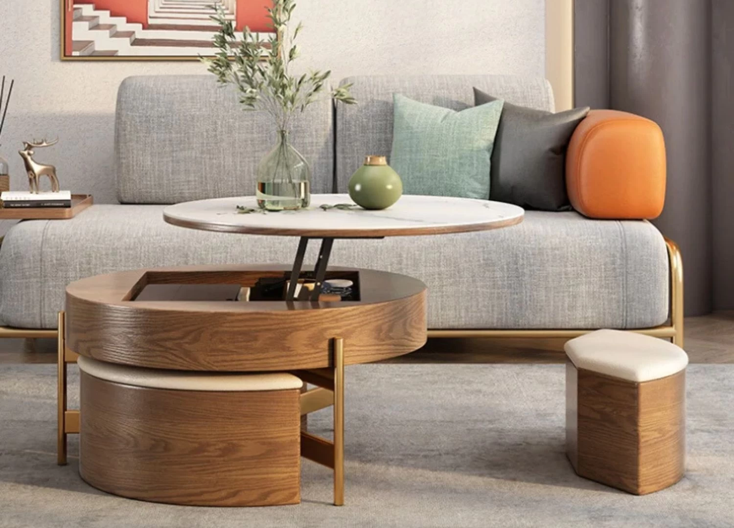 Το τραπεζάκι σαλονιού NOTE συνδυάζει κομψό design με πρακτικότητα. Διαθέτει ανυψούμενη επιφάνεια sintered stone, μεταλλικά πόδια και αποθηκευτικά ottomans για άνεση και ευελιξία.
